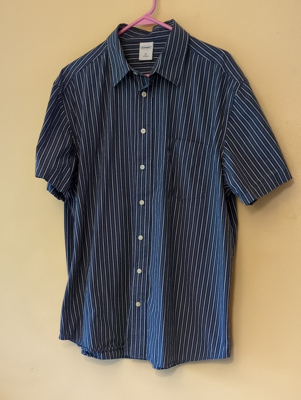 Old Navy Navy Blue Vertical-Striped Short-Sleeve Button-Down Shirt